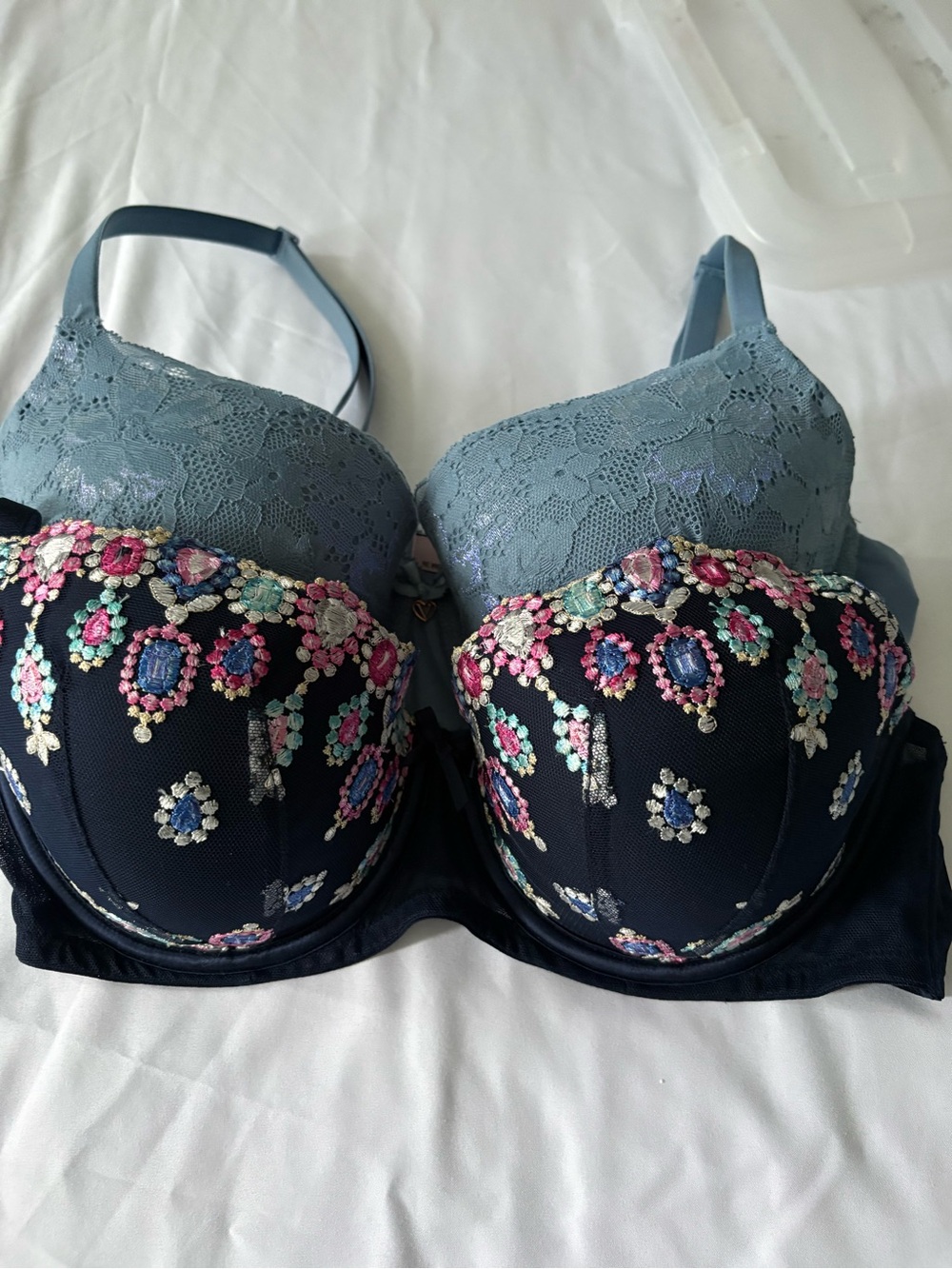 Victoria’s Secret 36D Demi Bra Bundle - Embroidered Jewel & Blue Shimmer Lace